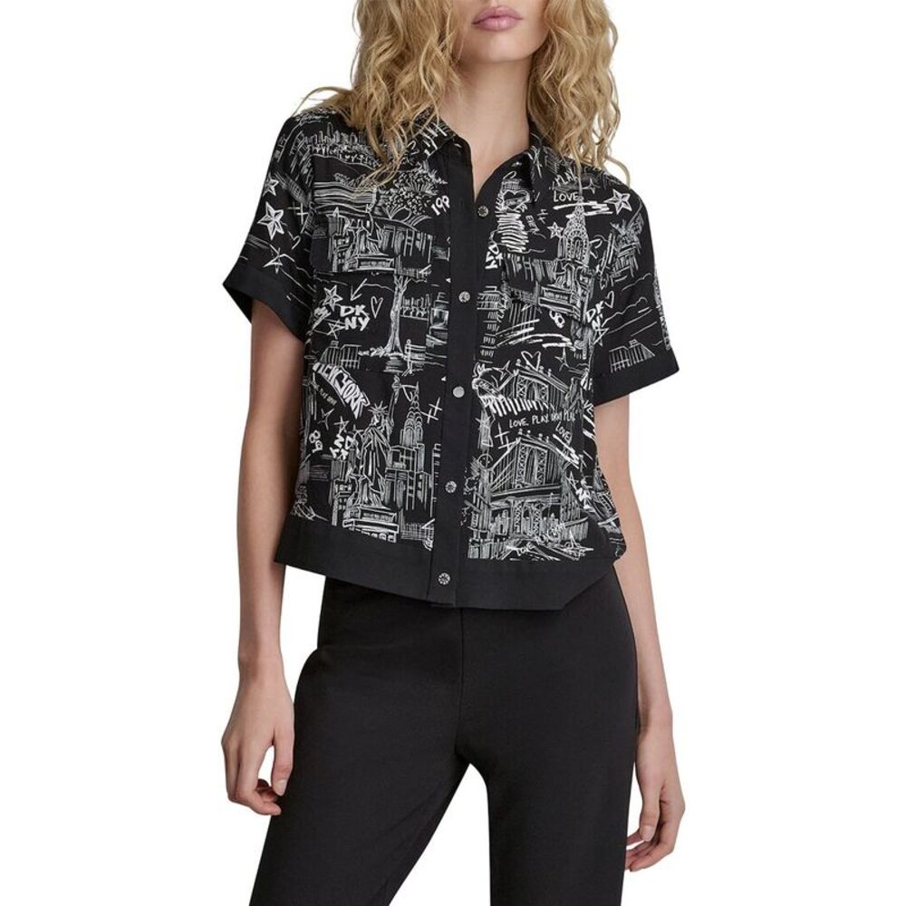 Dkny Womens  Printed Camp Shirt, Black